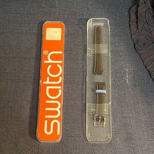 Swatch Dark Brown Leather watch Band with White Stitching